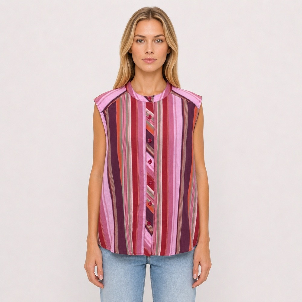St John Sport Womens Large Pink Red Striped Sleeveless Mandarin Collar Blouse LG